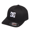 The DC Shoes Kids' Star 2 Cap is a black Flexfit youth hat with a curved brim, skate-inspired style, bold white embroidered DC branding on the front, and a sticker on the brim.