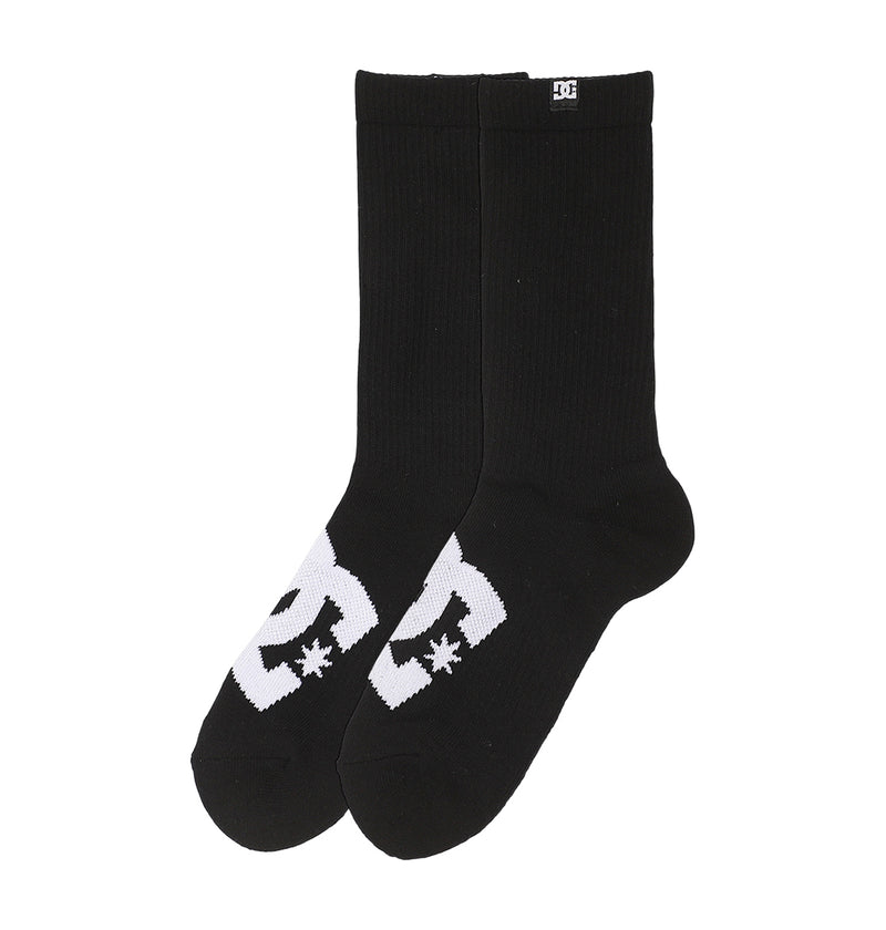 The DC Shoes Logo Crew Socks 6-Pack features black crew socks with a white DC Shoes logo on the tops of the feet and a small logo near the cuff.