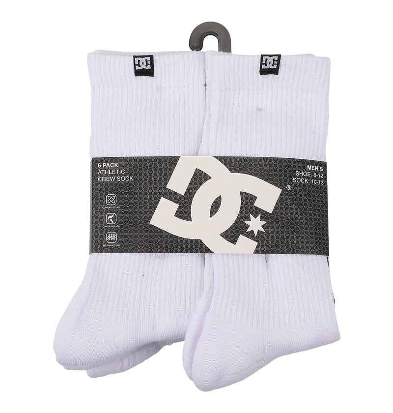 A six-pack of DC Shoes Logo Crew Socks for men, in white, folded with a black DC label and displayed on a plastic hanger. These crew socks feature arch support for enhanced comfort.