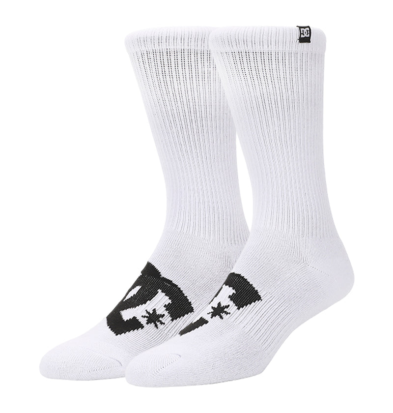 DC Shoes Logo Crew Socks 6-Pack: white crew socks with a ribbed texture, featuring a black DC Shoes logo on top of the foot and a small black logo tag on the cuff.