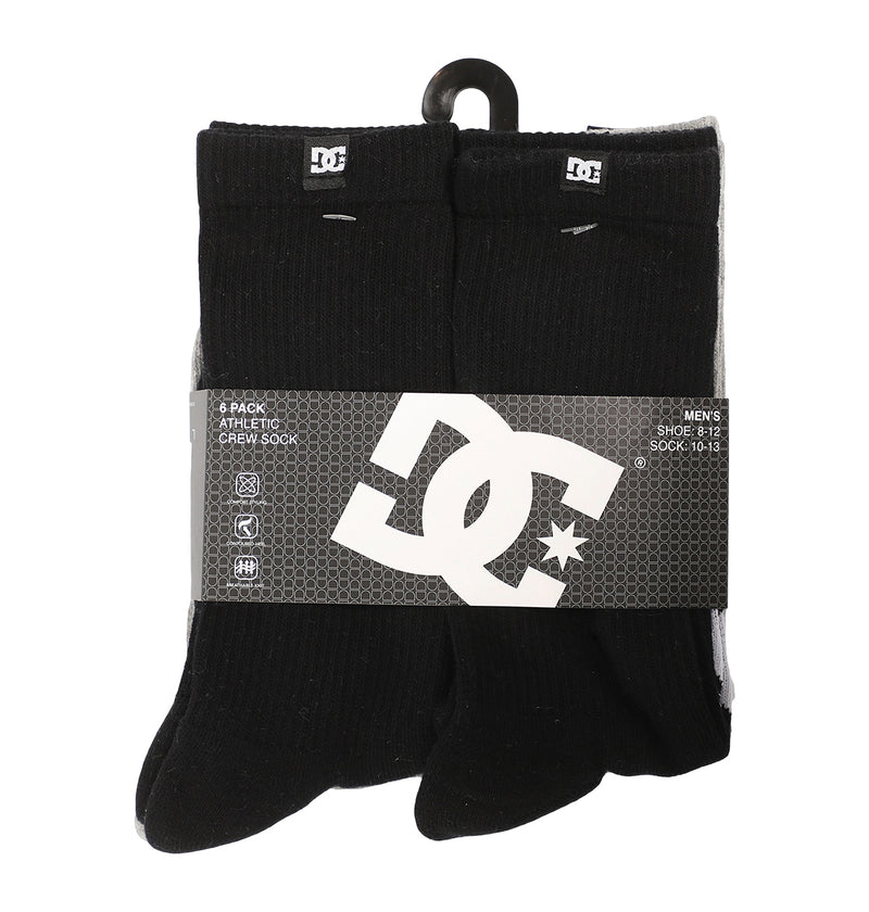 The DC Shoes Logo Crew Socks 6-Pack for men, in black with a gray and white DC logo label, is displayed against a white background.