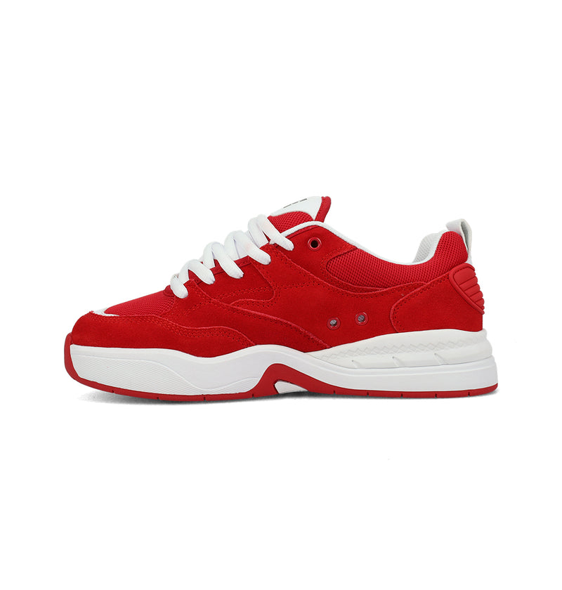 The Men's Ascend Skate Shoes by DC Shoes feature red suede, white laces, a white and red rubber sole, and white accents. Inspired by DC DNA for modern comfort, they're displayed side view on a plain white background.