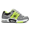 The DC Shoes Men's AT-2 features a gray and neon yellow design with black and white accents, thick sole, mesh panels, side DC logo, supportive TPU cage for stability, perforations for breathability, and a lace-up closure.