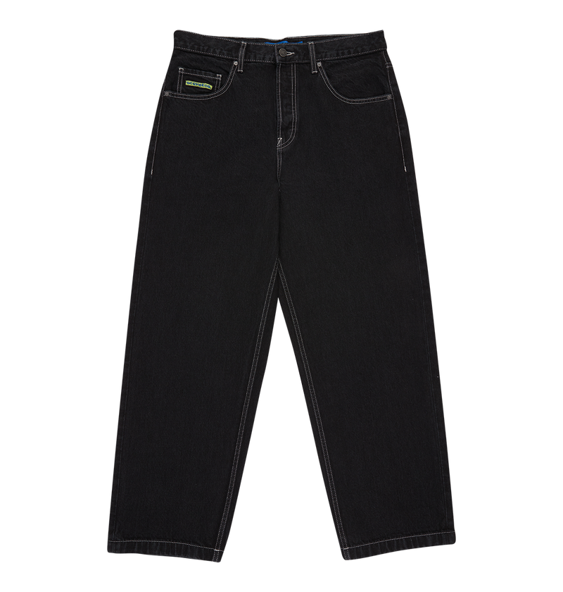 The Men's Baggy Denim Pant by DC Shoes is a pair of black heavyweight denim straight-leg jeans with white stitching, five pockets, and a small green and yellow label above the right front pocket, shown on a plain white background.