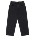The DC Shoes Men's Baggy Denim Snake Print Pant features a subtle laser reptile-skin pattern, five pockets, a green label on one front pocket, and a baggy fit. Shown laid flat on a white background.