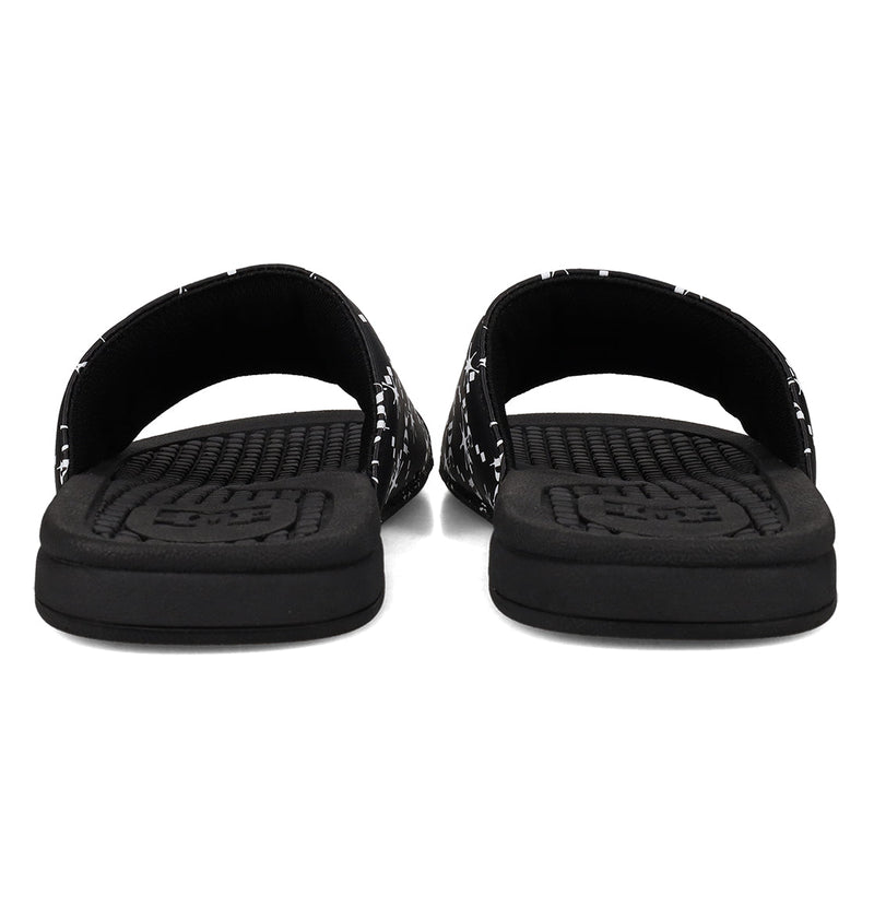 DC Shoes Men's Bolsa Slides in black, featuring textured footbeds, open toes, and white speckled strap sides. Seen from the front on a white background—ideal for relaxing after a long skate session.