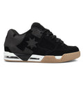 The Men's Command Shoes by DC Shoes feature a black and dark gray low-top design with black laces, a star logo on the side, signature heel cushioning, and a gum rubber sole inspired by the classic DC bulk style.