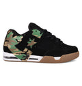 The Men's DC Command Shoes by DC Shoes feature a black upper, brown gum sole, camo detail on the heel and side, star logo, black laces, visible air-cushioned heel, and a street-ready design inspired by classic skate heritage.