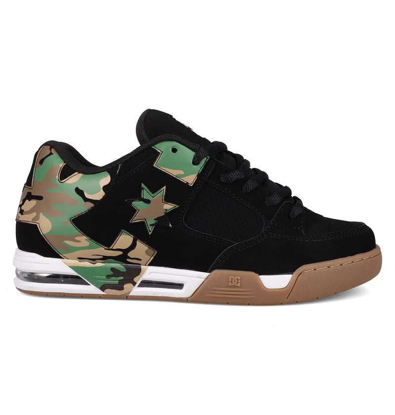 The Men's DC Command Shoes by DC Shoes feature a black upper, brown gum sole, camo detail on the heel and side, star logo, black laces, visible air-cushioned heel, and a street-ready design inspired by classic skate heritage.