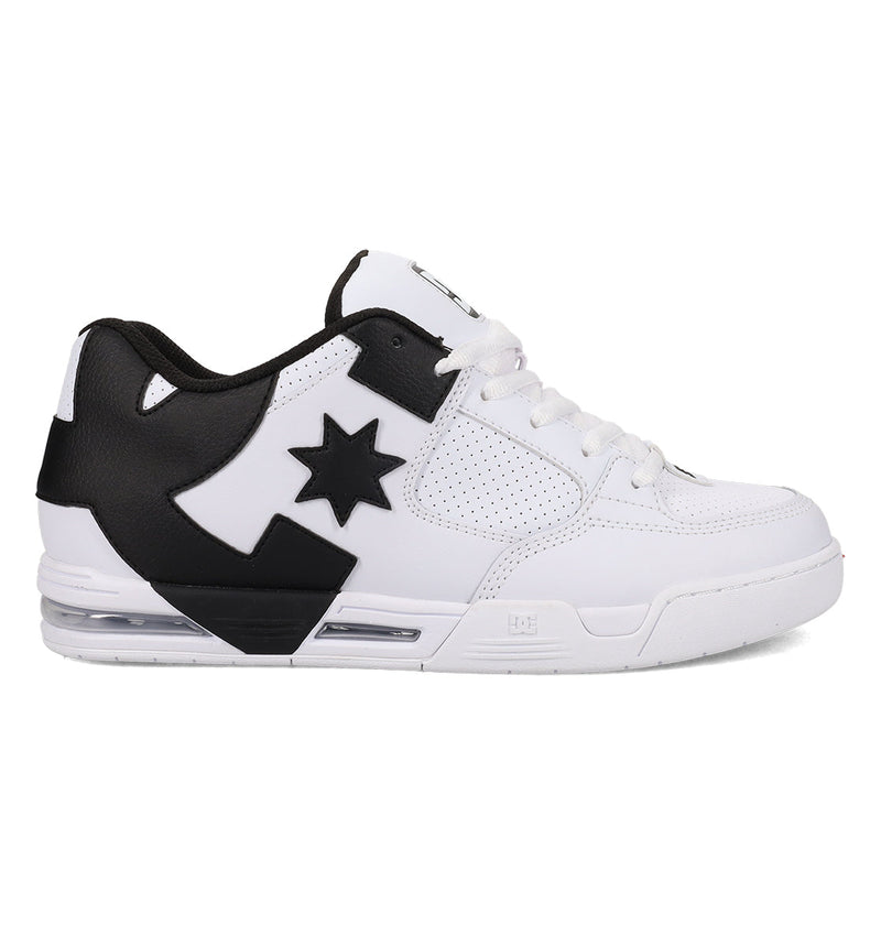 White and black sneaker with a star logo on a white background