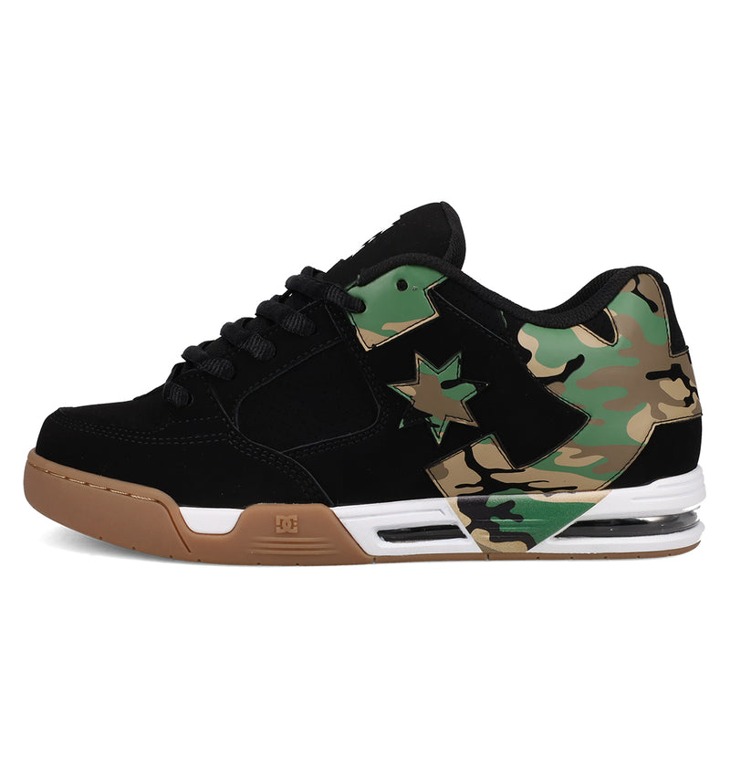 The Men's DC Command Shoes by DC Shoes feature a black upper, gum sole, camo green and tan heel accents, star logo detail, air-cushioned sole, and classic skate heritage for a street-ready look.