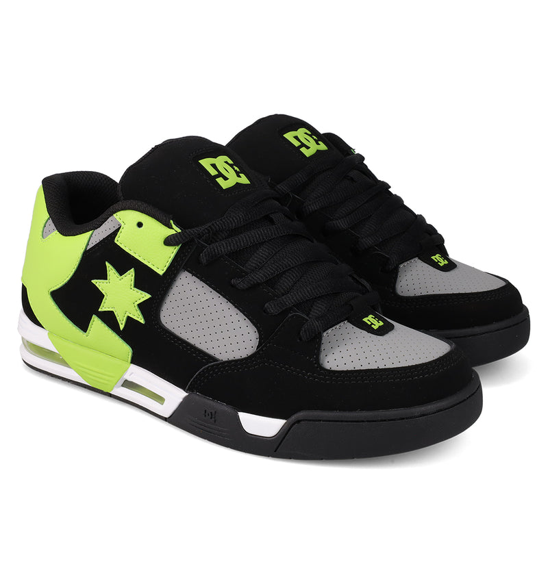 Men's DC Command Shoes by DC Shoes feature black, grey, and neon green accents with black laces, a star detail on the side, perforated grey toe boxes, and padded collars—blending skate heritage with modern street style.