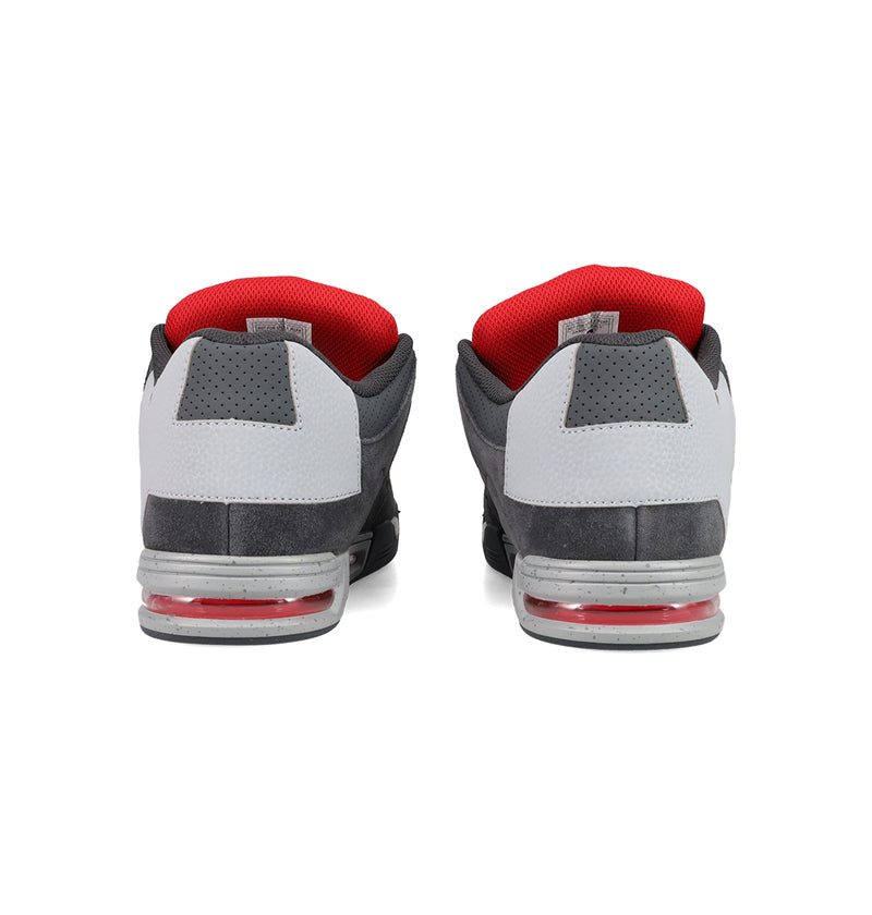 The Men's DC Command Shoes by DC Shoes are shown from the back, featuring gray and white uppers, red inner lining, and visible air cushioning. The street-ready design reflects skate heritage, displayed side by side on a white background.