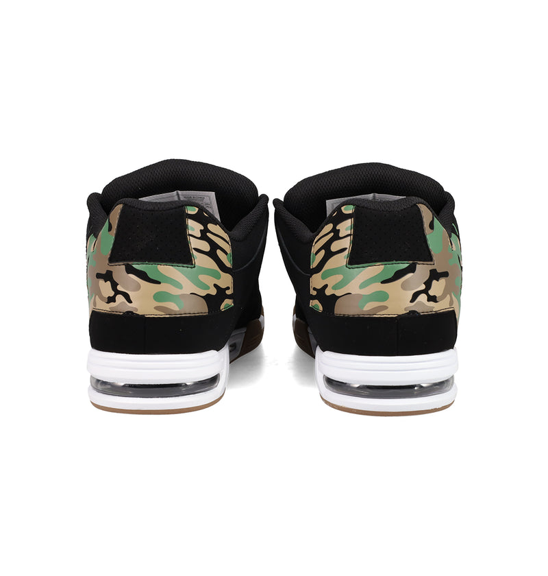 Back view of Men's DC Command Shoes by DC Shoes, featuring black uppers with green, brown, and tan camouflage on the heel, white midsoles, and visible air cushioning—a street-ready skate-inspired sneaker.