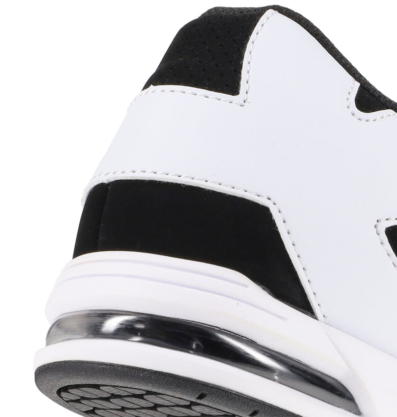 Close-up of the heel on DC Shoes Men's Command Shoes: white athletic sneaker with black & white accents, visible air cushion in the sole, and a textured black outsole—fusing modern tech style with classic DC heritage.