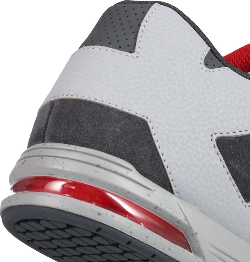 Close-up of the heel of the Men's DC Command Shoes by DC Shoes, showcasing gray and white textures, a red mesh detail, transparent red sole strip, and black tread pattern that highlights their skate-inspired street style.