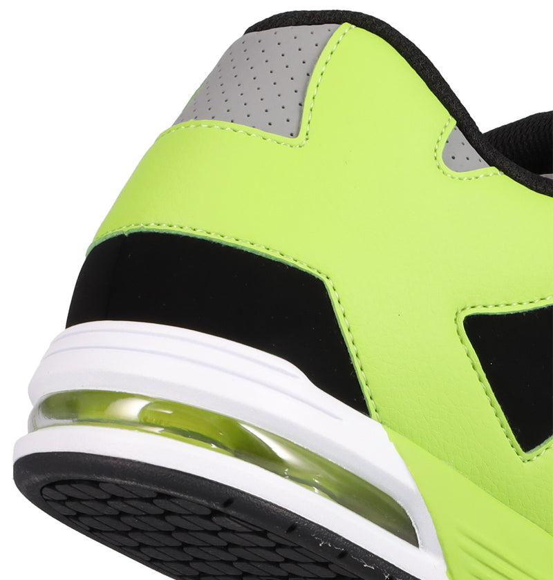 Close-up of the heel of the Men's DC Command Shoes by DC Shoes, showcasing a neon green upper, black and grey accents, white midsole, visible air cushion, and black treaded outsole—reflecting skate-inspired street style.