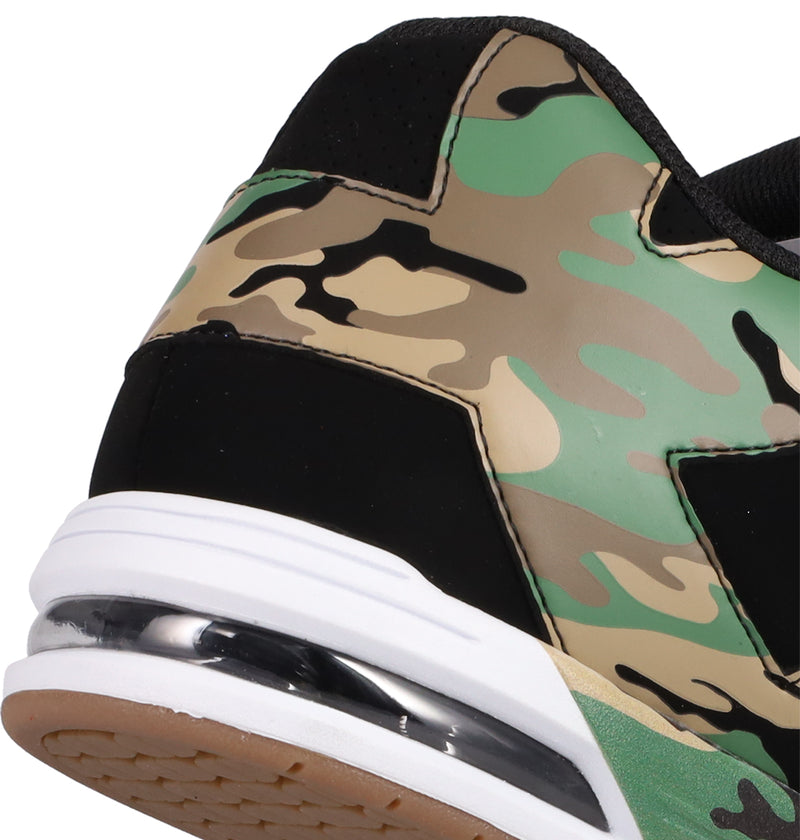 Close-up of the heel of the Men's DC Command Shoes by DC Shoes, featuring a green, tan, and black camouflage pattern, black detailing, white midsole with visible air cushioning, and brown rubber outsole—blending skate heritage with street-ready style.
