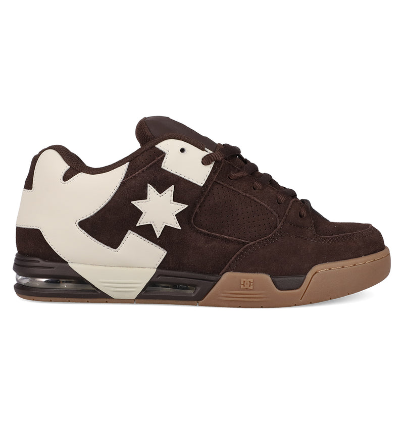 The Men's DC Command SE Shoes by DC Shoes feature brown suede, a thick gum sole, white side panels with star and lightning bolt accents, brown laces, a padded collar, and signature cushioned heel for all-day comfort.