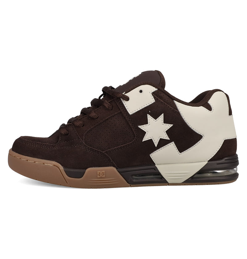 The Men's DC Command SE Shoes by DC Shoes feature a brown and tan design, thick sole, white star and arrow logo on the side, brown laces, and signature heel cushioning for modern tech comfort.