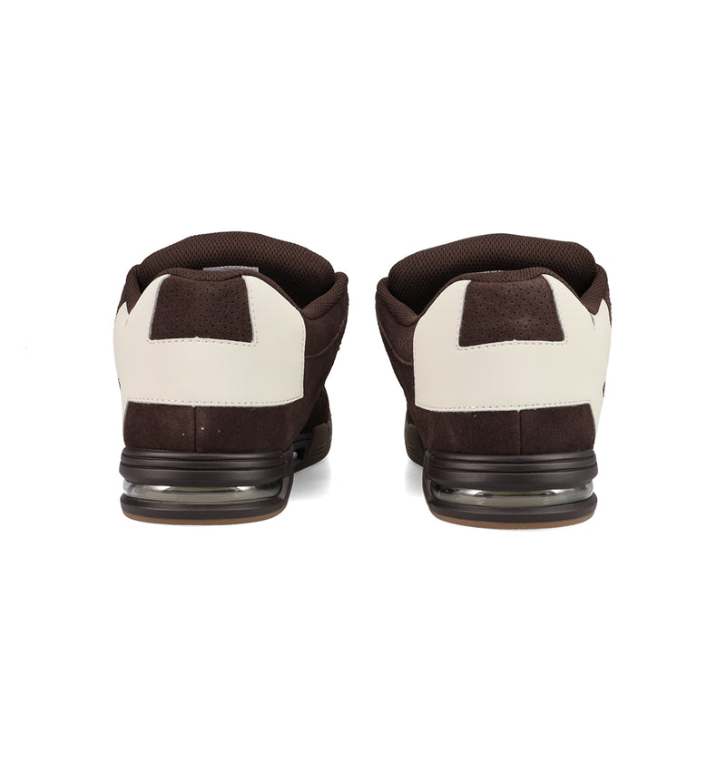 Men’s DC Command SE Shoes by DC Shoes in brown and white, shown from the back, feature cushioned collars and translucent heels. Presented on a white background, they offer a modern tech-inspired look.