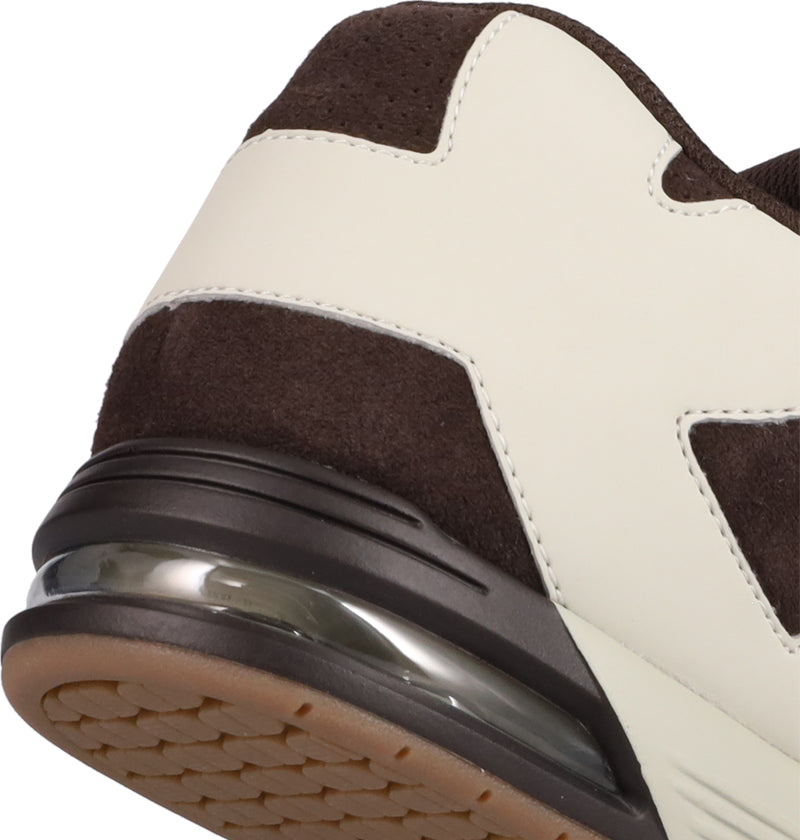 Close-up of the Men's DC Command SE Shoes by DC Shoes, showing brown suede and off-white leather on the heel, signature cushioning with visible air tech in the midsole, and a textured tan rubber outsole—a modern DC Command hallmark.