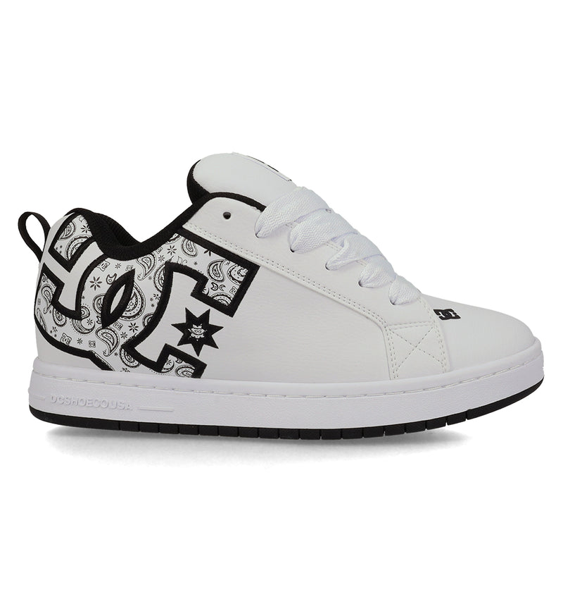 The Men's Court Graffik Shoes by DC Shoes feature a puffy silhouette, black and white paisley pattern on the large DC logo, black interior lining, white laces, and a thick white sole with a black outsole.