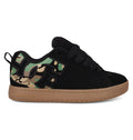 The DC Shoes Men's Court Graffik features a black, puffy skate silhouette with a gum sole, bold green and brown camo DC logo, black laces, and DCSHOECOUSA printed on the heel.