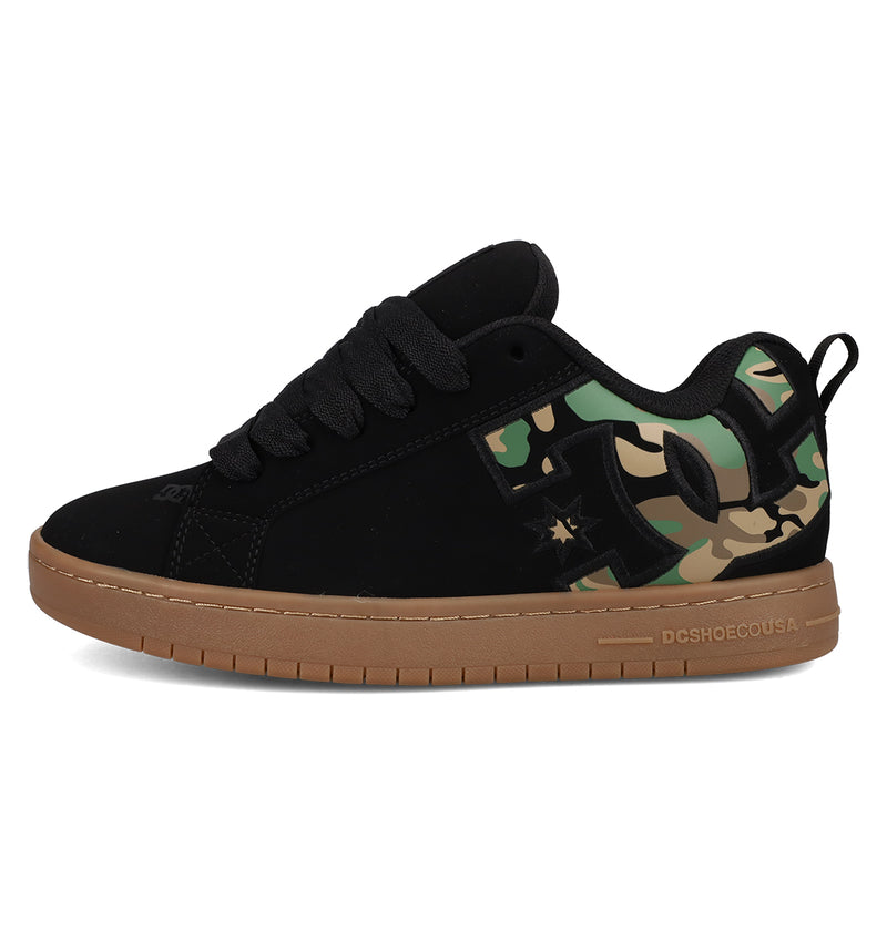 The DC Shoes Men's Court Graffik Shoes feature a black upper, gum sole, black laces, a bold camo DC logo on the side, and DCSHOECOUSA branding on the puffy heel and sole.