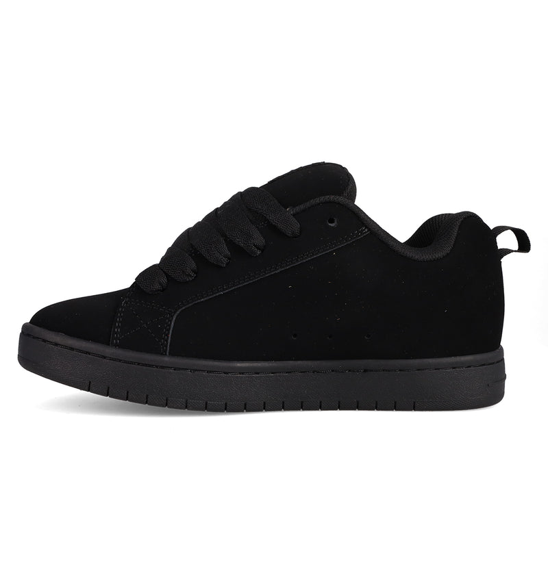 The Men's Court Graffik Shoes by DC Shoes are black low-top sneakers featuring a flat sole, black laces, a classic puffy silhouette, and subtle stitching details, displayed in a left-facing side view.
