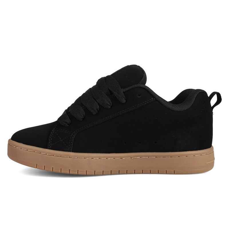 The Men's Court Graffik Shoes by DC Shoes are black low-tops with a puffy silhouette, thick black laces, a light brown rubber sole, and the iconic DC logo—shown in side profile on a white background for bold style.
