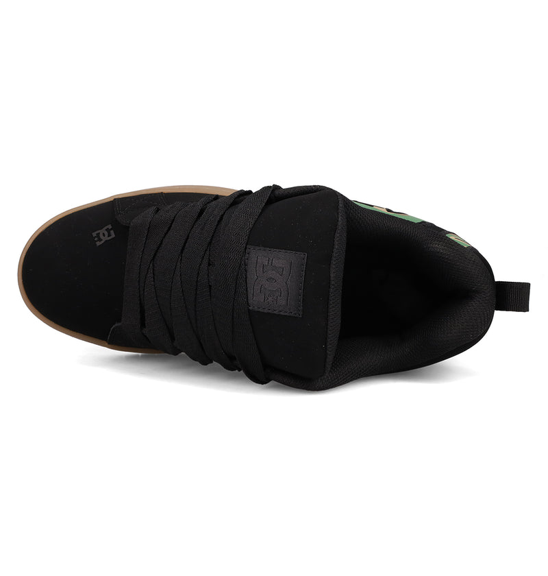 Top view of DC Shoes Men's Court Graffik Shoes in black, featuring black laces, gum sole, DC logo on tongue and toe, puffy silhouette, padded collar, and a heel pull tab.