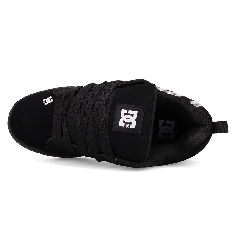 Top view of the Men's Court Graffik Shoes by DC Shoes in black, featuring a classic puffy silhouette, thick black laces, and the DC logo in white on the tongue and inner sole.