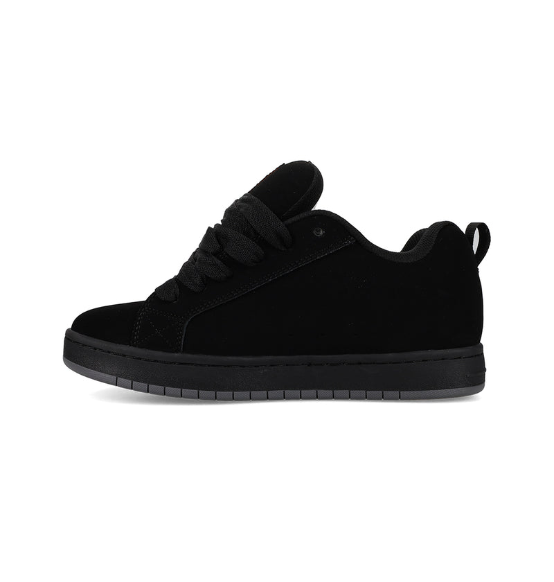 The DC Shoes Men's Court Graffik features a puffy black suede low-top design, black laces, and a black rubber sole, shown in side profile against a white background.