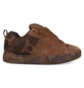 The Men's Court Graffik SE Shoes by DC Shoes feature a brown suede upper, dark brown laces, an oversized DC logo on the side, a puffy silhouette, and a brown camo-patterned sole made from premium materials.