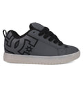 The Men's Court Graffik SE Shoes by DC Shoes feature a gray and black puffy silhouette, a large side logo, black laces, white sole, low-top design, and visible stitching for added style.