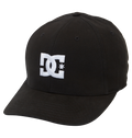 The Men's DC Cap Star by DC Shoes is a black skate cap with a curved brim, featuring bold DC branding and a white embroidered star on the front.