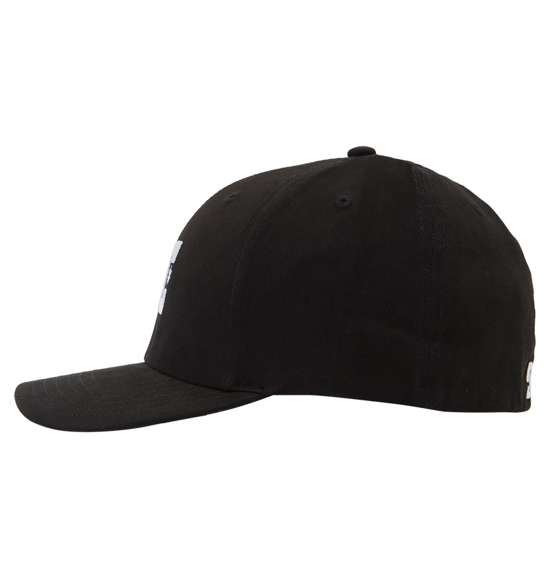 The Men's DC Cap Star by DC Shoes is displayed from the side on a plain white background. This black skate cap has a curved brim, visible stitching, subtle branding, and a small white logo partially visible on the back.