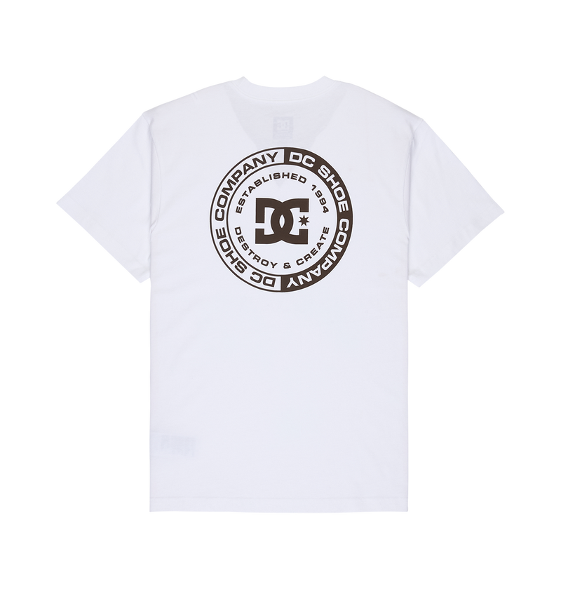 The Men's DC Corpo Tee by DC Shoes is a white relaxed fit t-shirt featuring a large circular black graphic on the back with the DC Shoes logo, “DC Shoe Company,” and “Established 1994.”.