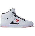 The Men's DC Cure High-Top Shoes by DC Shoes feature a white leather upper, black laces, red accents, a speckled white sole, breathable mesh lining, and a red DC logo on the side. Shown from the left profile.