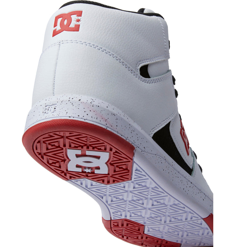 A close-up of the Men's DC Cure High-Top Shoe by DC Shoes in white with a red and white sole, black accents, breathable mesh lining, textured outsole for grip, and the DC logo on the heel and bottom.