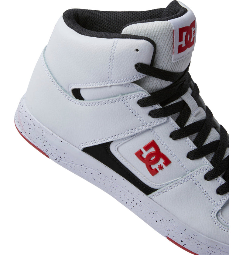 The Men's DC Cure High-Top Shoes by DC Shoes feature white leather with black laces, a red DC logo on the side and tongue, black accents, breathable mesh lining, and a white sole with black speckles and a red edge.