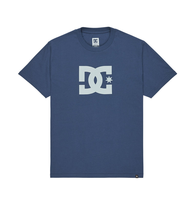 The Men's DC Star Tee by DC Shoes is a relaxed-fit navy blue skate shirt with a large white DC Shoes logo and central star graphic on the chest for classic style and comfort.
