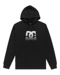 The Men's Star Hoodie by DC Shoes is black with a front pocket, drawstring hood, and features a large silver DC logo with a star on the chest.
