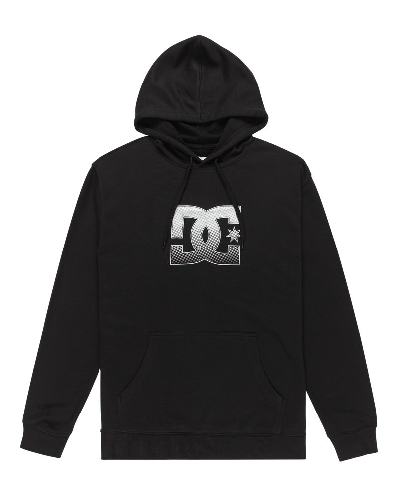 The DC Shoes Men's Star Hoodie is a black sweatshirt with a large white and gray DC Shoes logo on the chest, front kangaroo pocket, and drawstring hood.