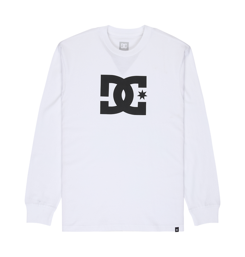 The Men's DC Star Tee by DC Shoes is a white long-sleeve shirt with a bold black DC Shoes logo and star on the chest, ideal for skate sessions or showcasing iconic DC style.