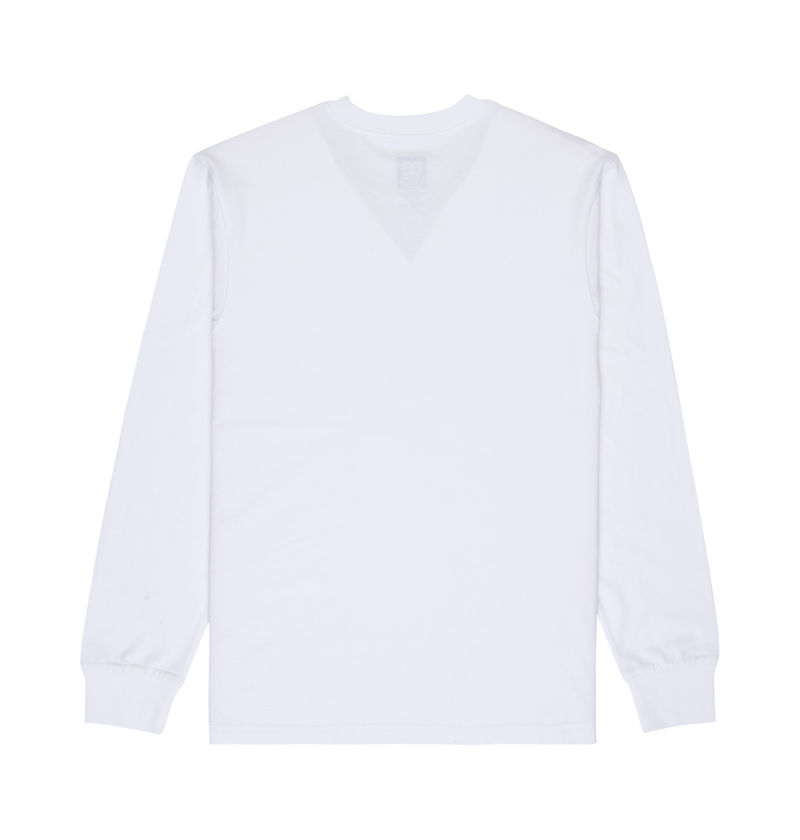 The Men's DC Star Tee by DC Shoes is shown laid flat from the back. This plain white long-sleeve shirt features a crew neckline and ribbed cuffs, perfect for layering or pairing with your favorite skatewear. No visible logos or designs.