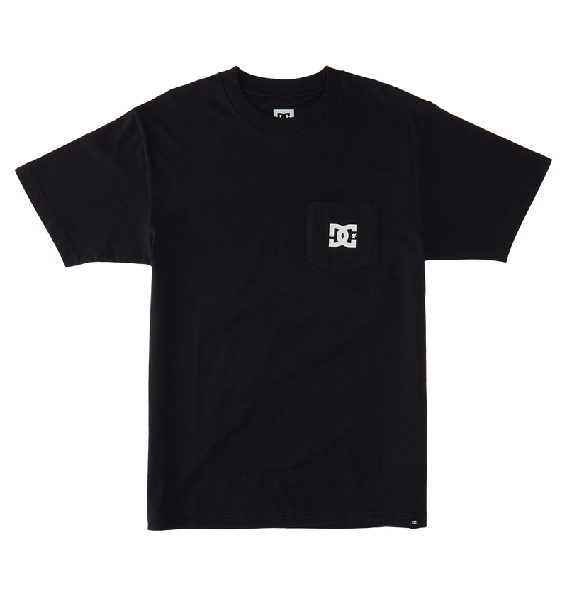 The Men's DC Star Pocket Tee by DC Shoes is a black, short-sleeve skate shirt with a relaxed fit and a small left chest pocket featuring a white DC logo. Displayed flat on a white background.