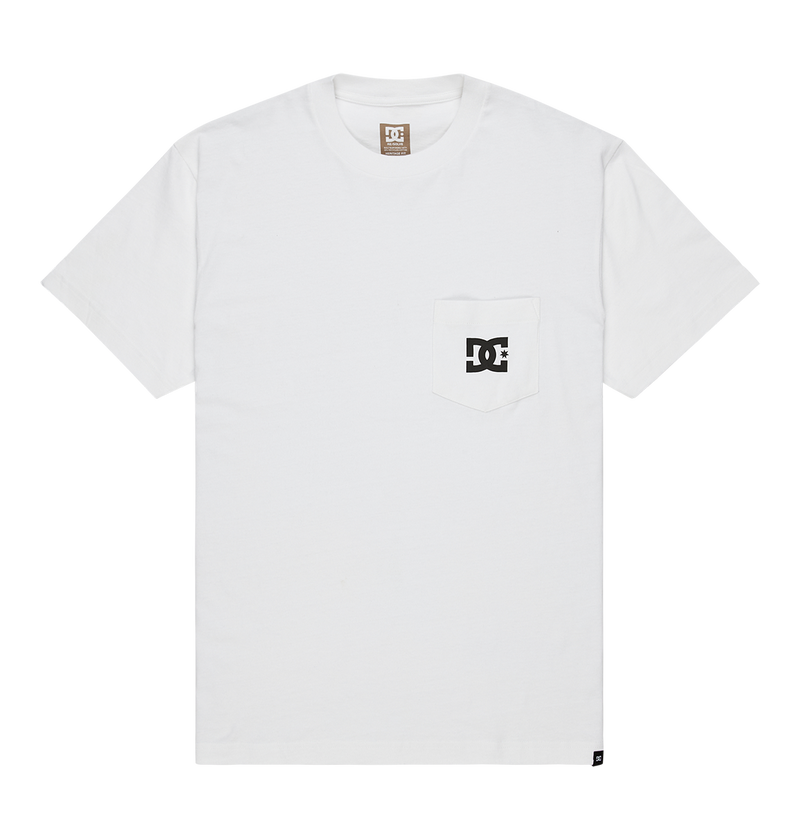 The Men's DC Star Pocket Tee by DC Shoes is a soft cotton white short-sleeve skate shirt with a chest pocket featuring the black and white DC Shoes logo, displayed flat on a white background.