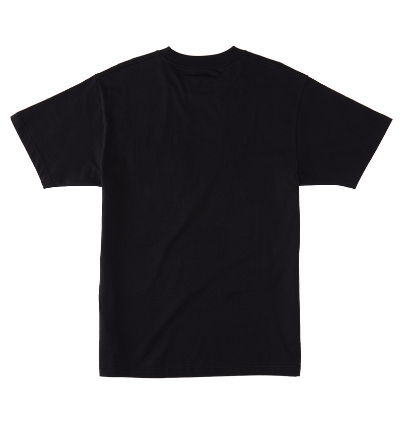The Men's DC Star Pocket Tee by DC Shoes is a black short-sleeve cotton t-shirt with a relaxed fit, shown flat from the back on a white background for casual comfort and style.